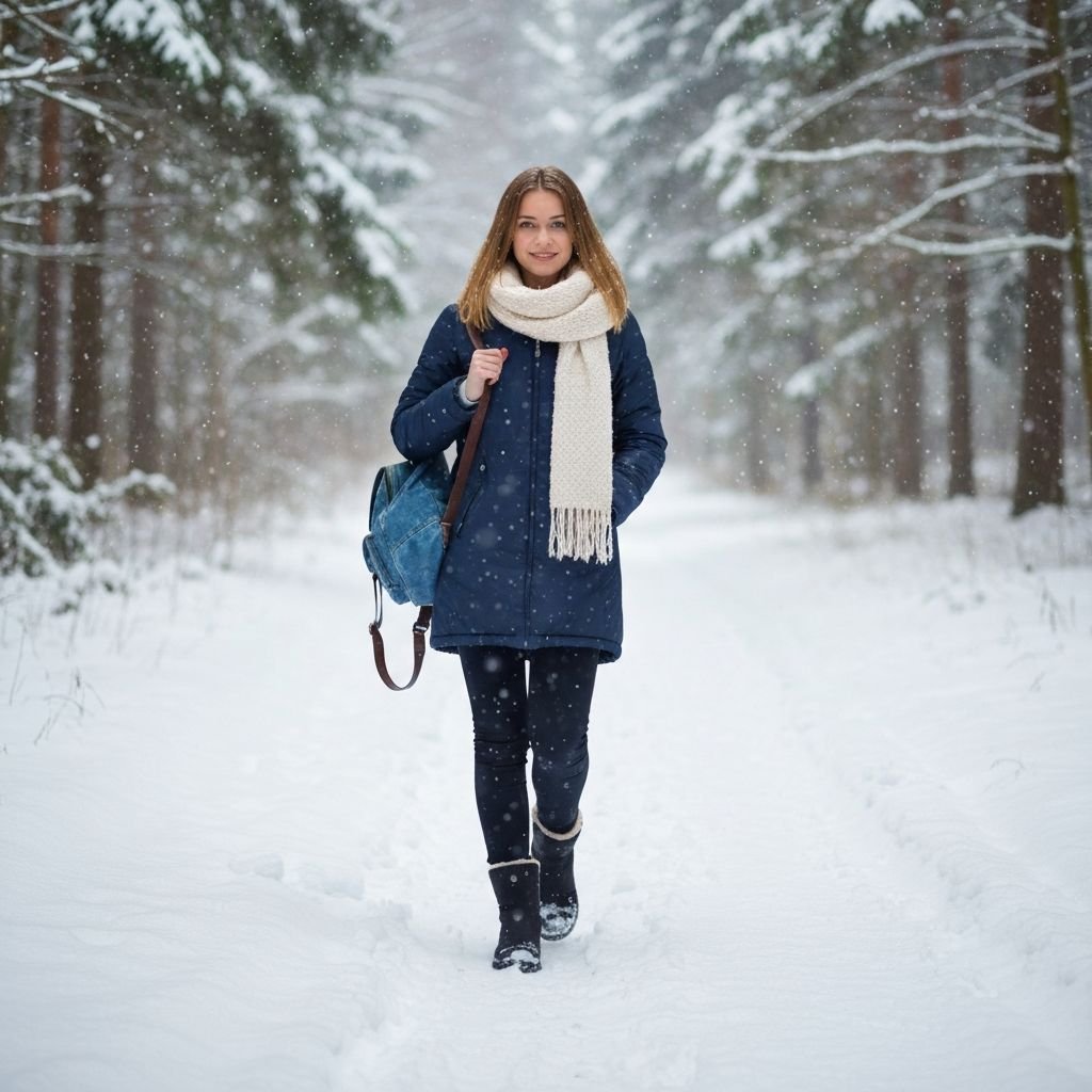 Mujer con mochila denim en bosque nevado