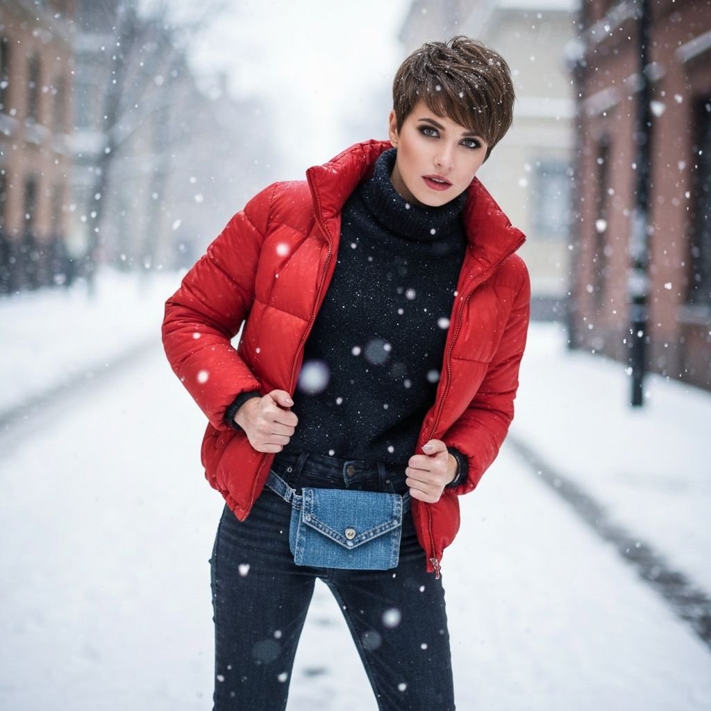 Mujer con riñonera denim en calle nevada